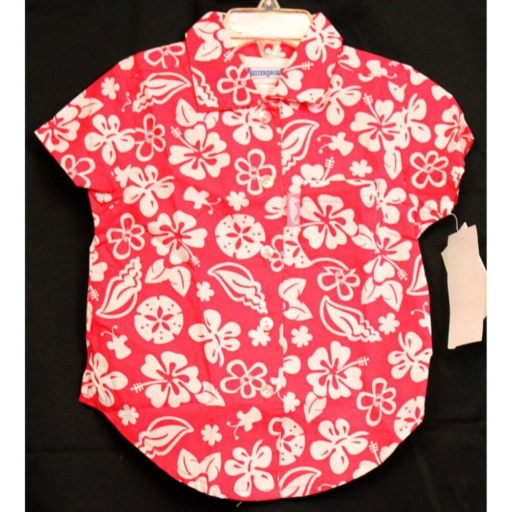 Vtg 90s Buster Brown Girls Boys Hawaiian Shirt 3T Red Beach Short Sleeve Flower